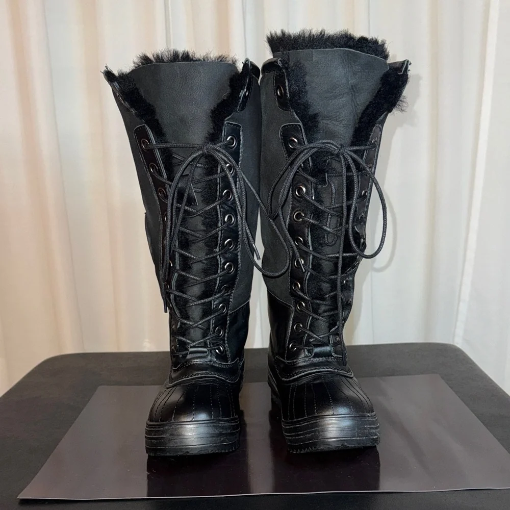 Atelier Noir By Rudsak Tall Black Lace-Up Winter Snow Boot Shearling And Leather - Picture 3 of 14